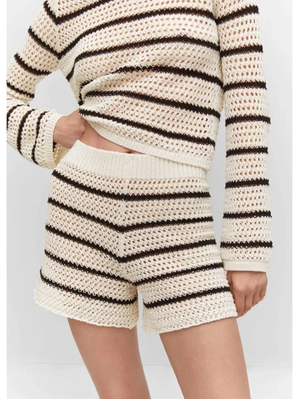 Mango MNG Cream Black Striped Crochet Open Knit Shorts